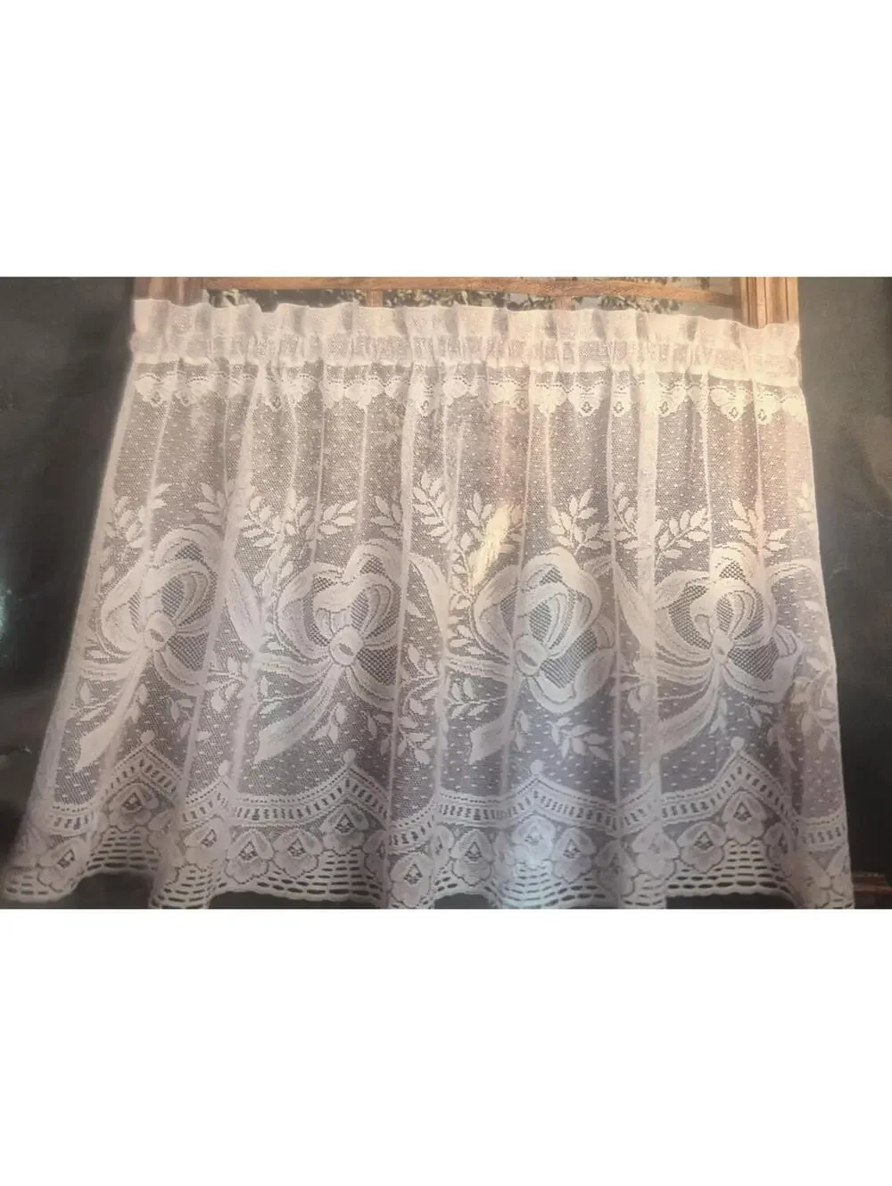Hofmann Laces RIBBONS & BOWS White Lace One Tier Curtain & Valance Set 60” Wide